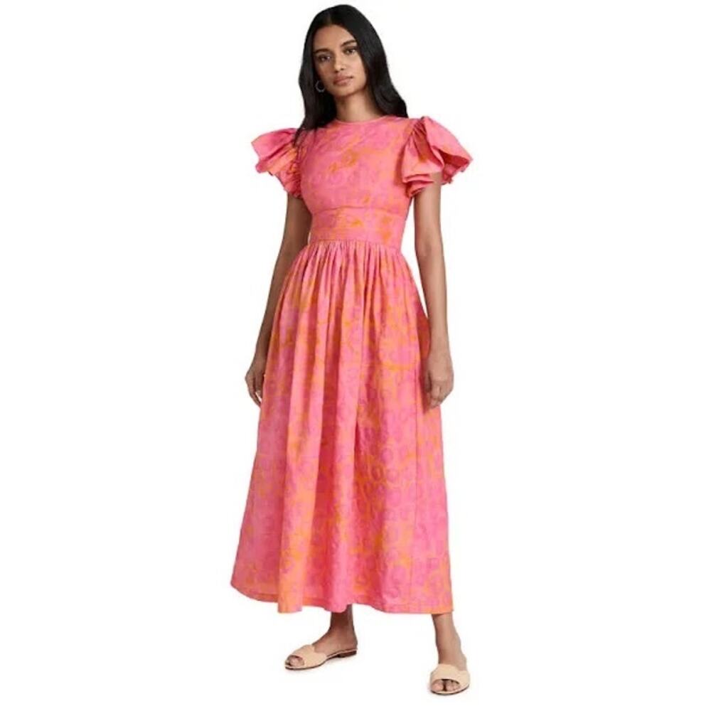 Sika Pink & Orange Printed Flutter Puff Sleeve Midi Dress Size 8 (US) 12 (UK)